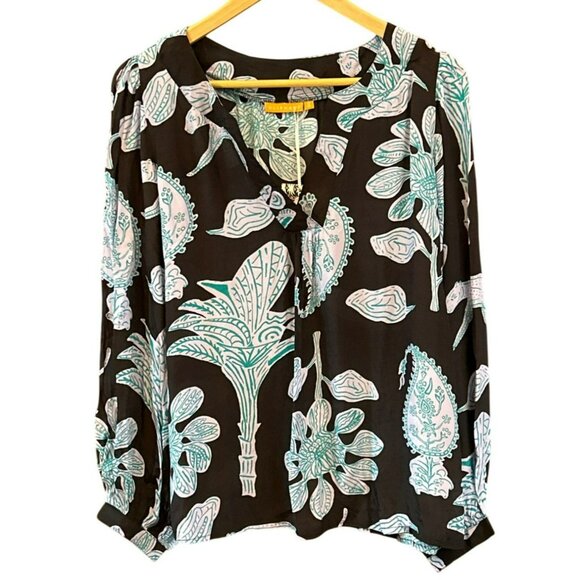 Oliphant Women's Navy Purple Botanical Bohemian Blouse Small Long Sleeve NWT - Picture 1 of 6